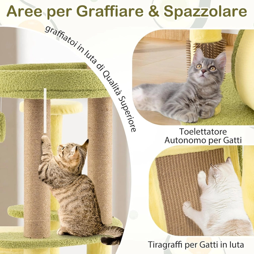 Albero per Gatti Multilivello 125 cm Stile Avocado, Tiragraffi Gatto con 3 Pali in Sisal, 4 Piattaforme, 2 Pompon e Grotta, Cuccia Albero Gatto Imbottito in Peluche con Tavola di Juta