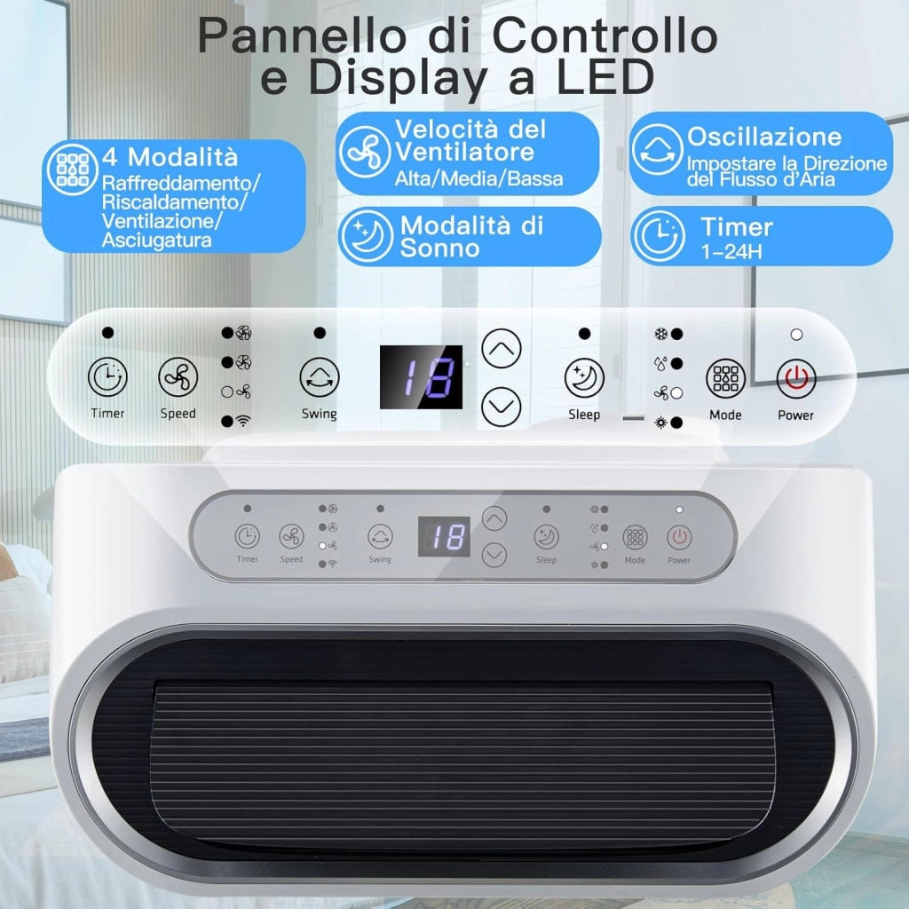 Condizionatore Portatile Caldo e Freddo, 16000BTU/4,7 kW, 5 in 1 Con Raffreddamento, Ventola, Riscaldamento, Deumidificazione e Modalità Notturna, 24H Timer, R290 (16000BTU|35m²+)