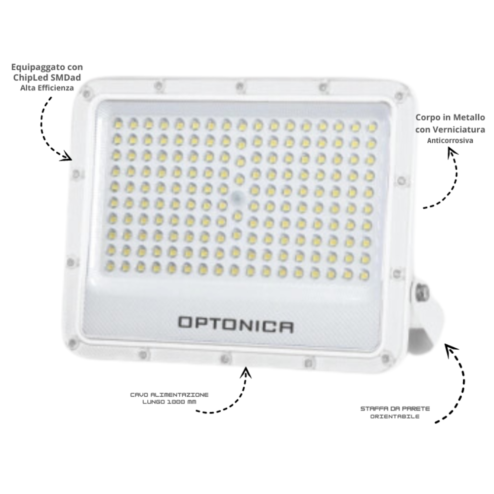 Optonica proiettore led smd corpo bianco luce naturale 100 watt 90 lumen 4000k