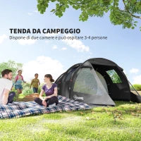 Tenda da Campeggio 3 Posti con 2 Stanze Interne con Finestre e Coperture, 475x264x172 cm, Nero