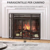 Parascintille per Camino in Metallo con 3 Pannelli Pieghevoli, 120x11.5x79 cm, Nero