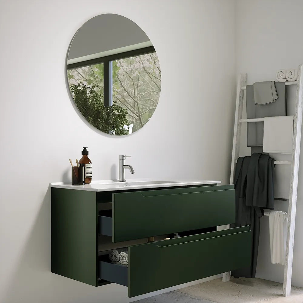 Mobile bagno sospeso 100 cm due cassetti verde foresta opaco con lavabo | Ardenne