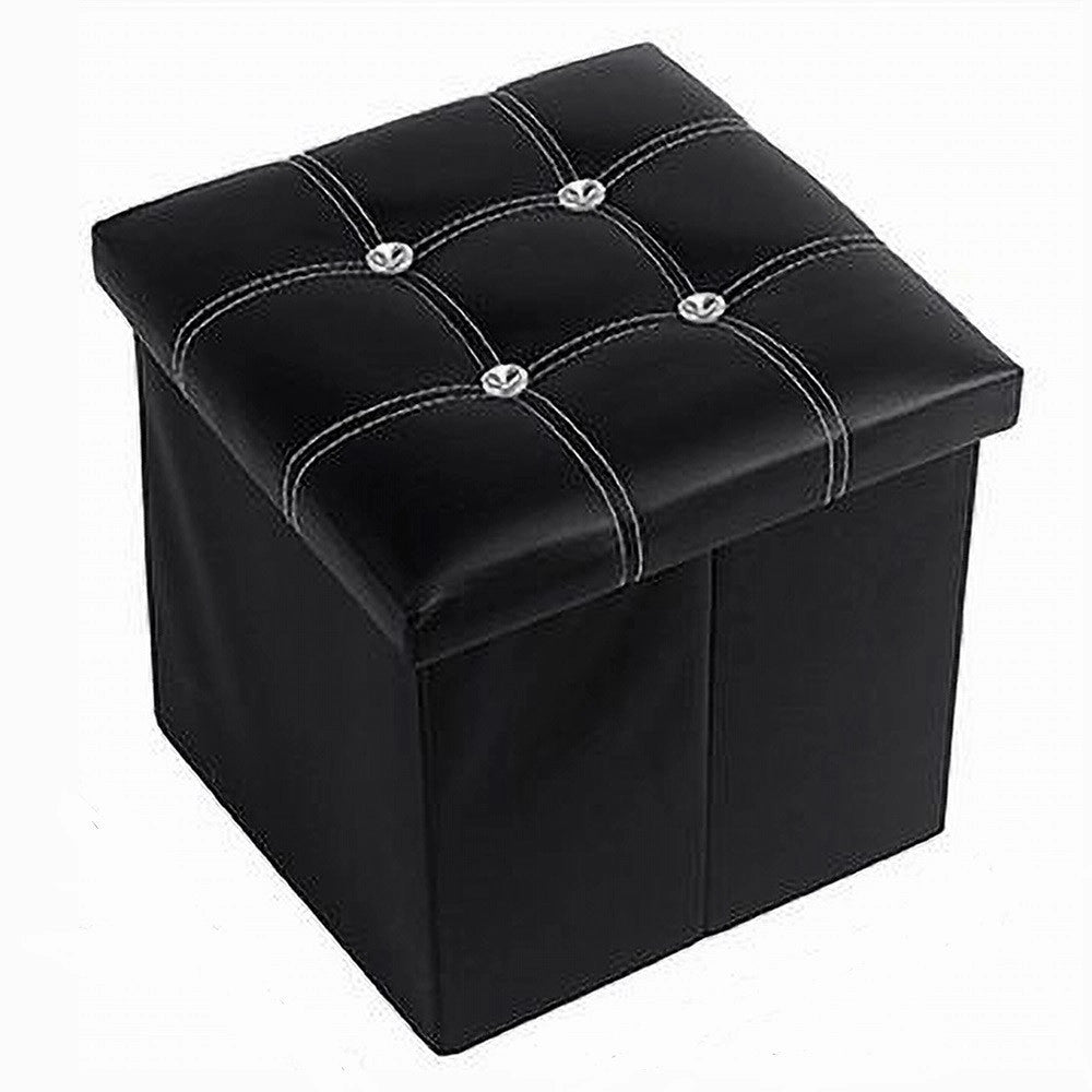 Trade Shop - Pouff Puff Pouf Contenitore Imbottito Portaoggetti Nero Strass 30x30x30 Cm 79433 -