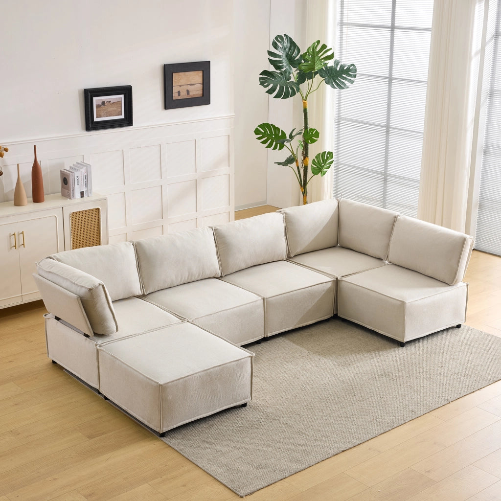 Divano Angolare Modulare Imbottito ¨C MINIMAL ¨C Legno e Tessuto Lino Beige
