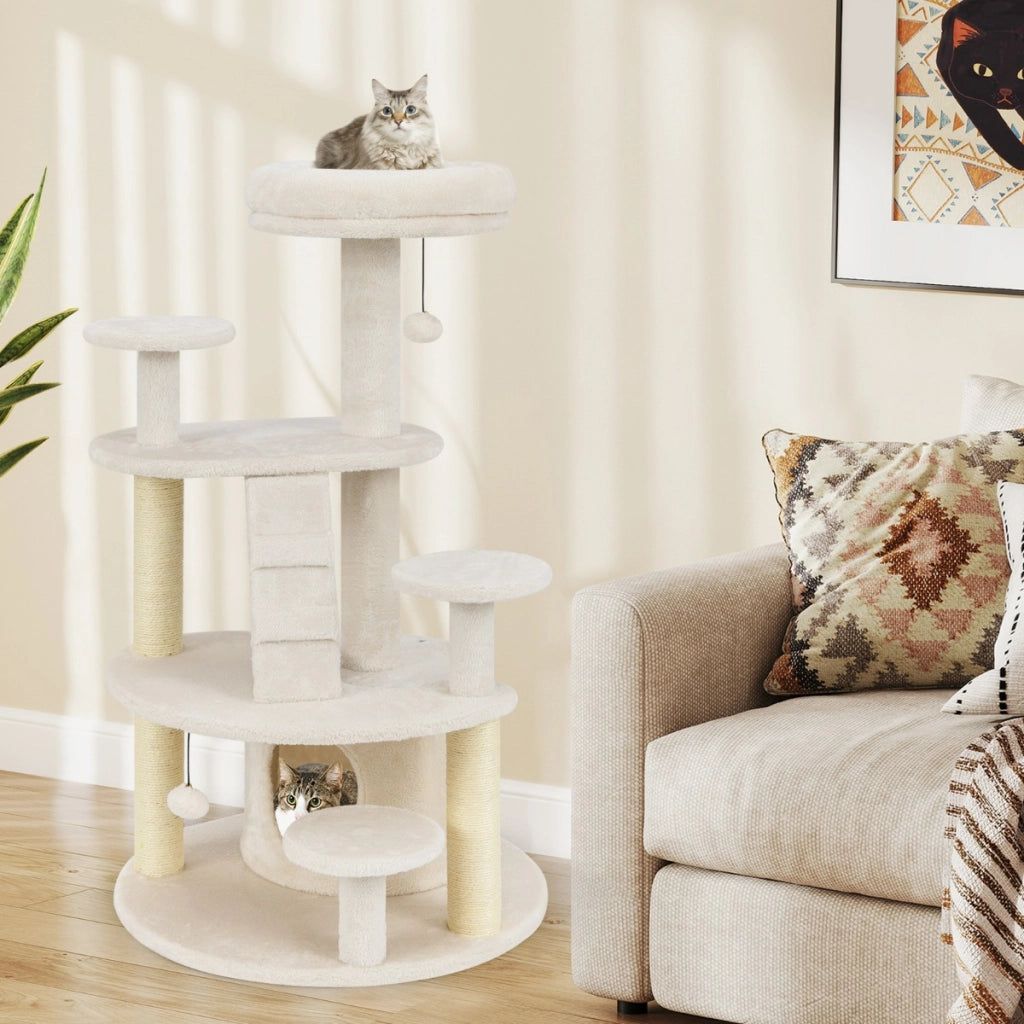 Albero per gatti adulti con condominio e piattaforma imbottita, Centro attivit¨¤ per animali domestici interno Bianco-Alberi Tiragraffi
