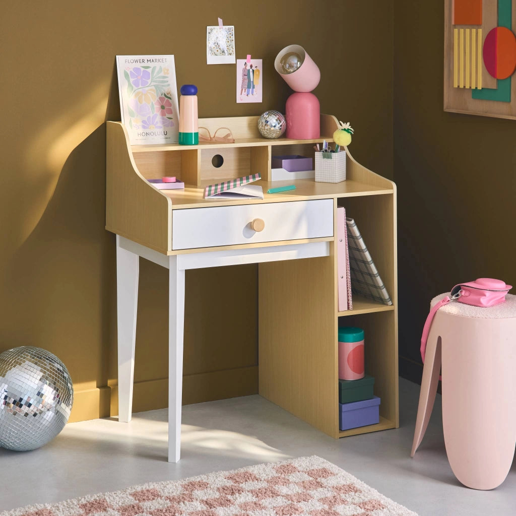 Scrivania per bambini con cassetto e ripiani, bianco e naturale