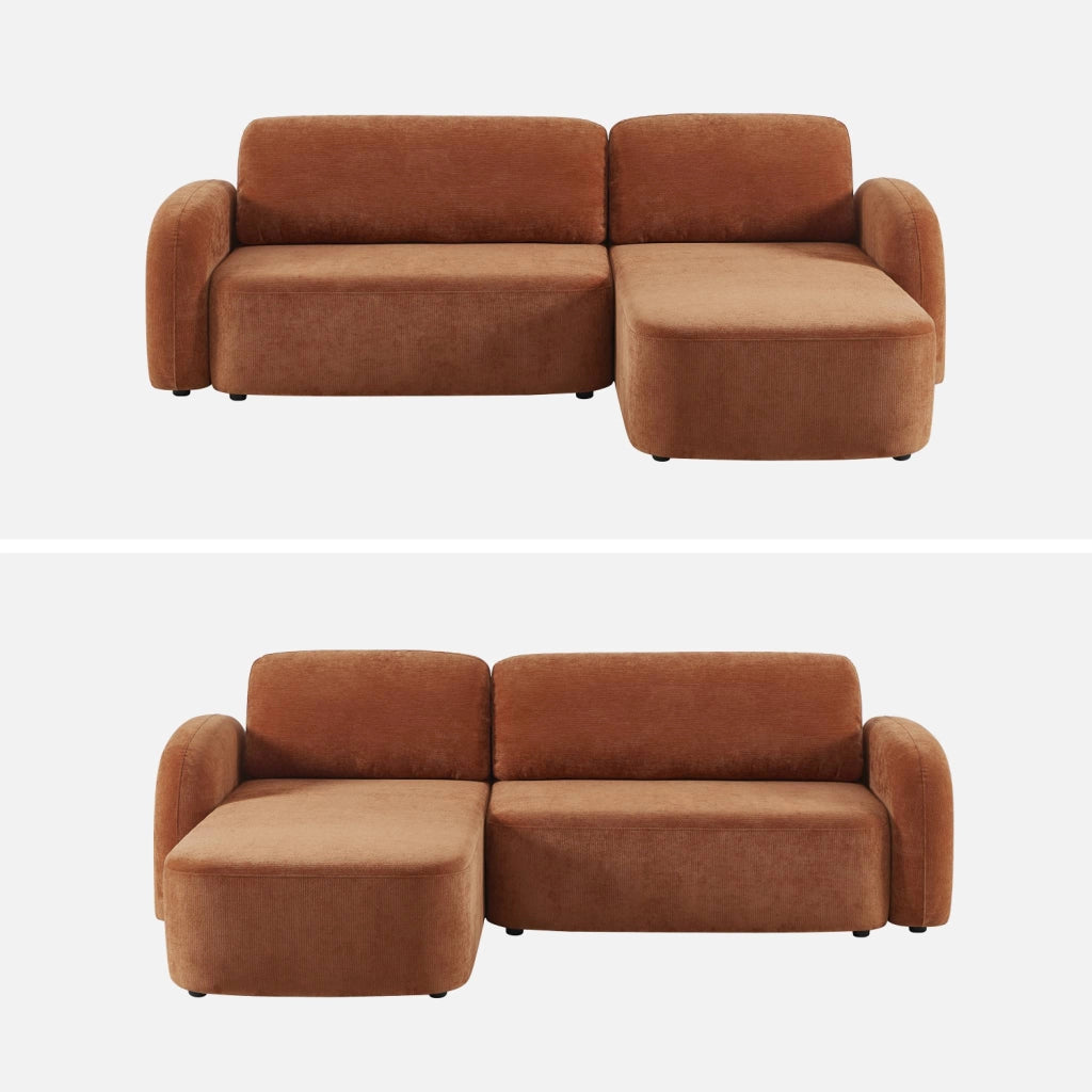 Divano angolare in tessuto con vano contenitore, 3 posti, terracotta