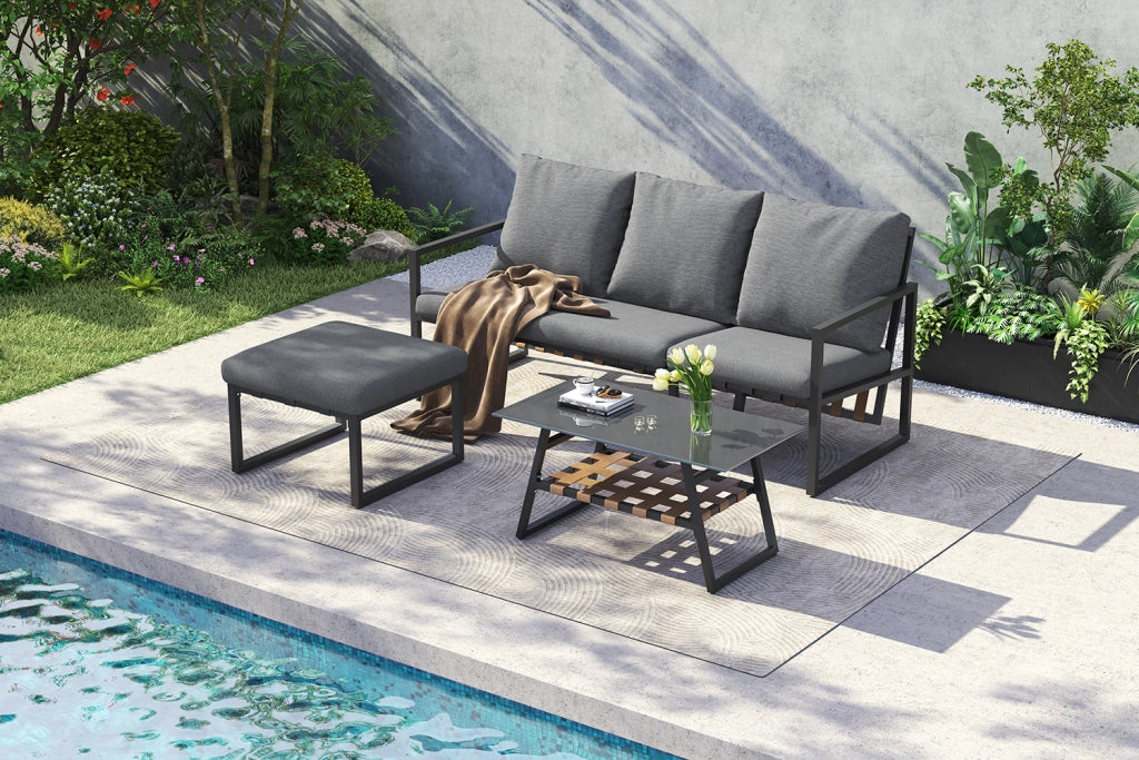 Set di mobili da giardino set d'angolo divano + tavolino da caff¨¨ + sgabello tubo in acciaio zincato piano tavolo in vetro adatto a giardini piscine e altre aree esterne grigio