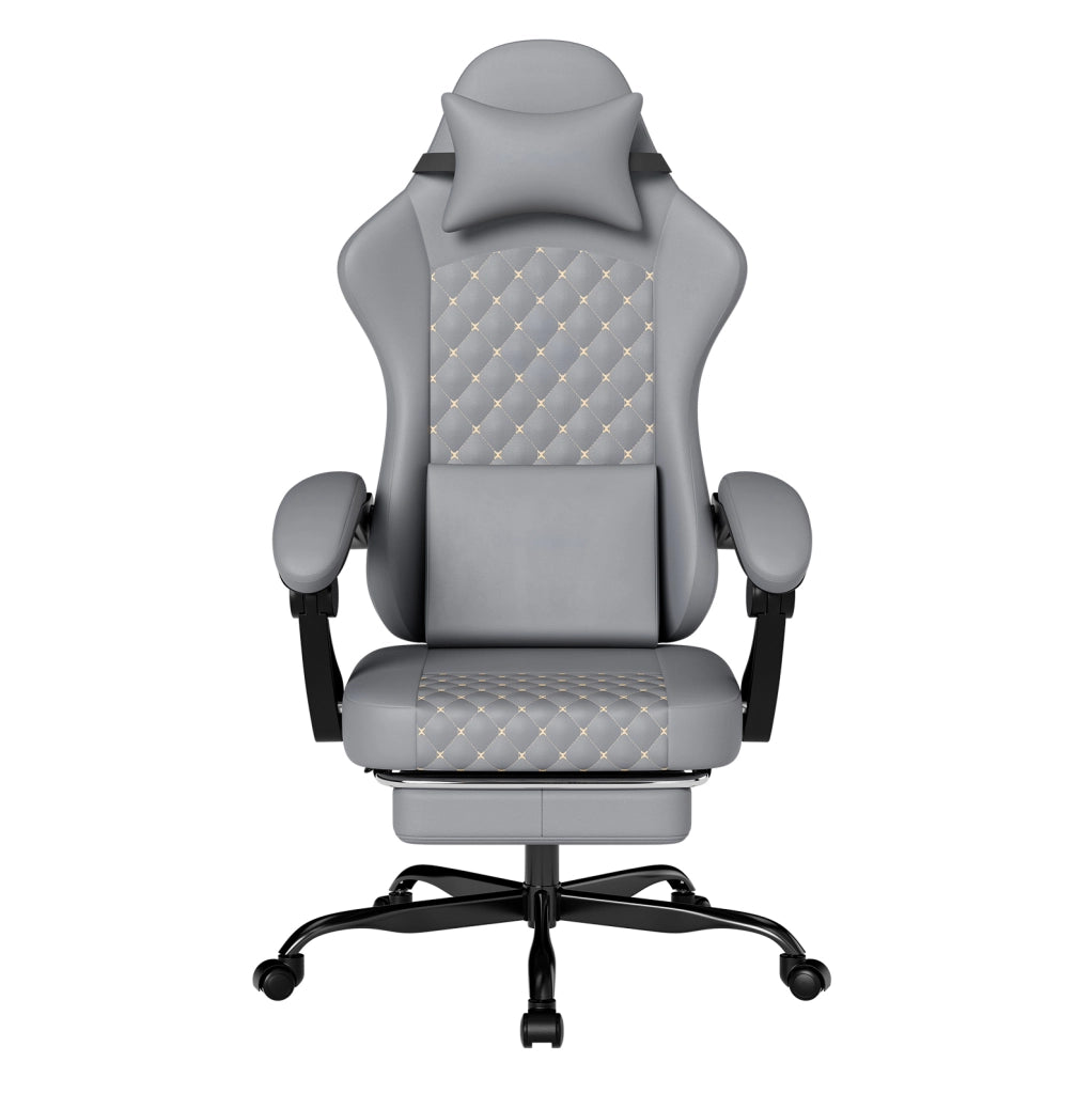 Sedia gaming ergonomica in pelle grigia con poggiapiedi e schienale reclinabile