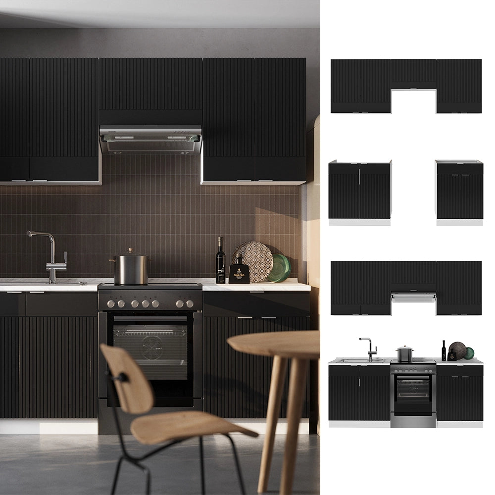 Cucina componibile Fame-Line Nero rigato/Bianco 200 cm, PL Marmo Vicco