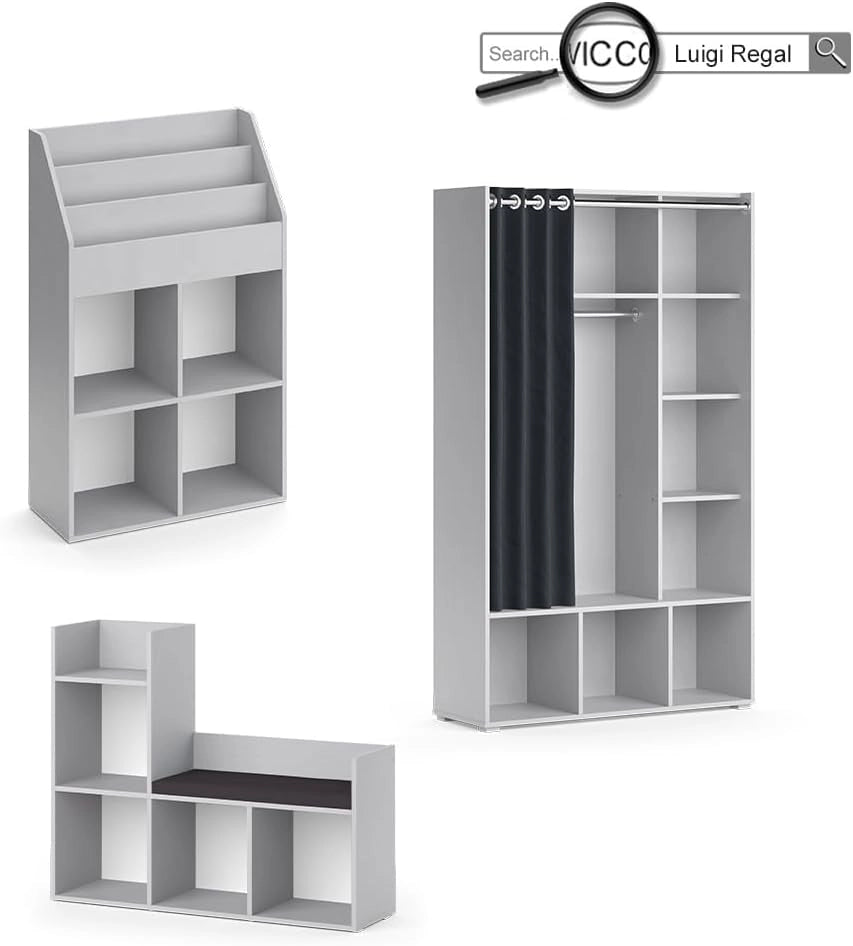 Scaffale per bambini Luigi, Grigio, 107.2 x 88.6 cm, con seduta imbottita e quattro ripiani aperti