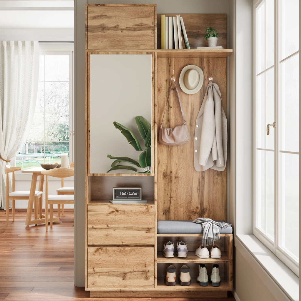 Mobile Ingresso con Specchio; Panchina e Appendiabiti con Cassetti e Scarpiera a Ripiani; MDF; Naturale; 90??34;5??190 cm