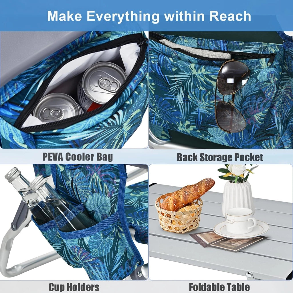 Set di 2 Lettini Prendisole Pieghevoli e Tavolino, Lettini da Spiaggia con Poggiatesta e Schienale Regolabile, Sedie Sdraio Portatile con Borse Laterali per Giardino, Piscina (Blu Marino)