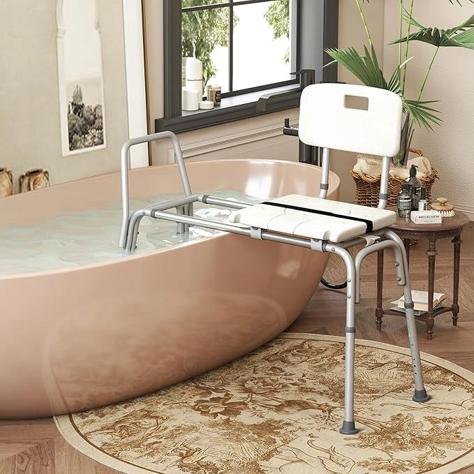 Sedia per Doccia Anziani con Posizione e Altezza Regolabili 105 x 49 x 85-95 cm, Sgabello per Vasca da Bagno con Sedile, Schienale, Braccioli e Cintura di Sicurezza, Sedia per Donne Incinte