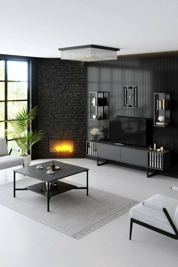 Mobile porta TV Iva, Credenza da soggiorno, Armadio basso per TV, Base parete attrezzata, 180x30h48 cm, Antracite e Nero