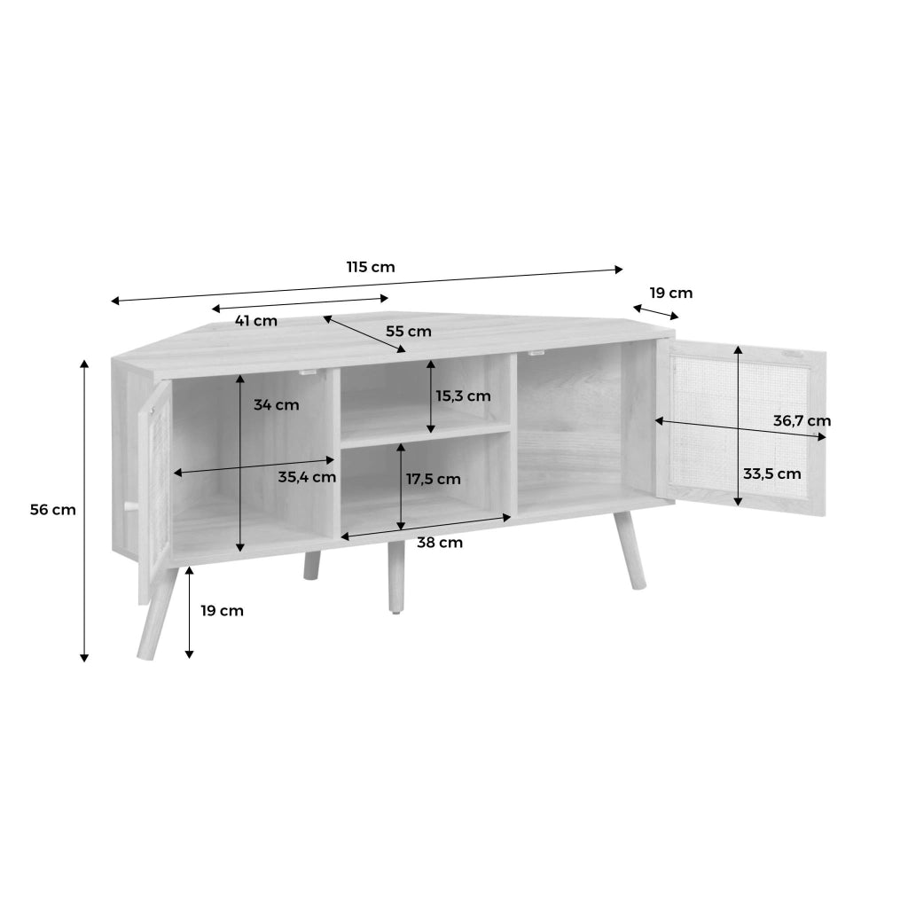 Mobile tv in legno e canna, 2 ante, 1 ripiano, 115cm, marrone naturale