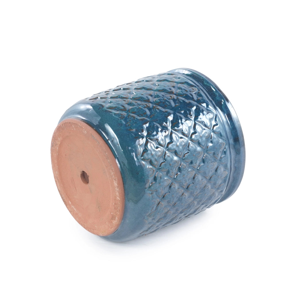 Set di 3 vasi in ceramica smaltata blu petrolio con rilievo diamantato, drenaggio e uso interno/esterno
