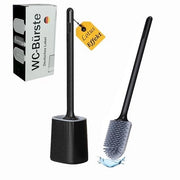 Asciugamano per bagno in silicone, spazzola per il water, spazzola per il bagno, spazzola per il water con contenitore per asciugatura rapida, per pulizia delle pareti, manico lungo, fissaggio alla parete senza perforazione (nero).