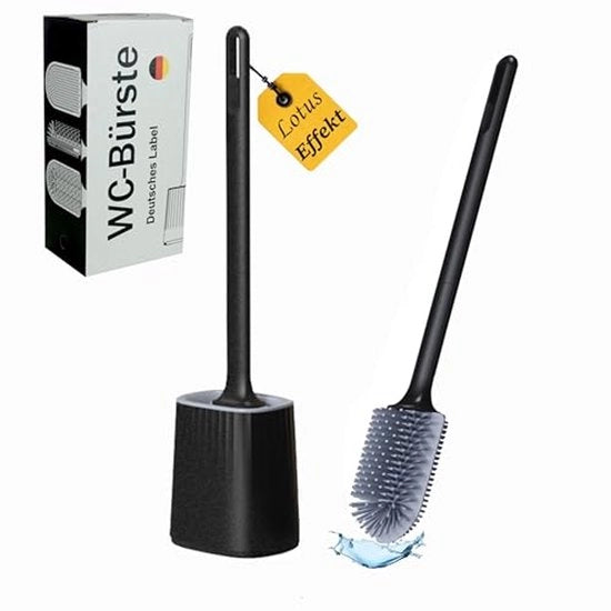 Asciugamano per bagno in silicone, spazzola per il water, spazzola per il bagno, spazzola per il water con contenitore per asciugatura rapida, per pulizia delle pareti, manico lungo, fissaggio alla parete senza perforazione (nero).
