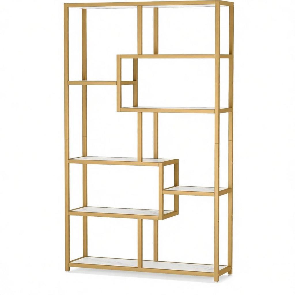 Libreria aperta moderna in metallo oro e pannelli effetto marmo bianco, 8 ripiani