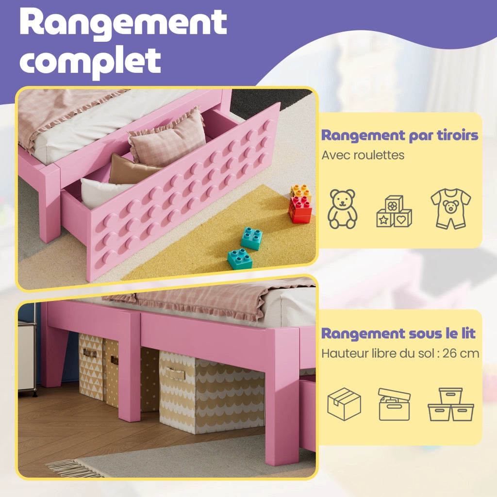 OKWISH Letto Bambini 90×200 cm, Letto Singolo con 1 Cassetto, Spazio contenitore sotto Letto e Bordi Smussati, senza Materasso, Legno, Rosa