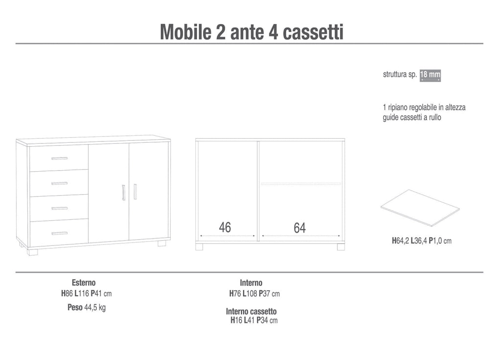 Madia 2 Ante 4 Cassetti 116x86x41 cm Ossido Nero/Cemento