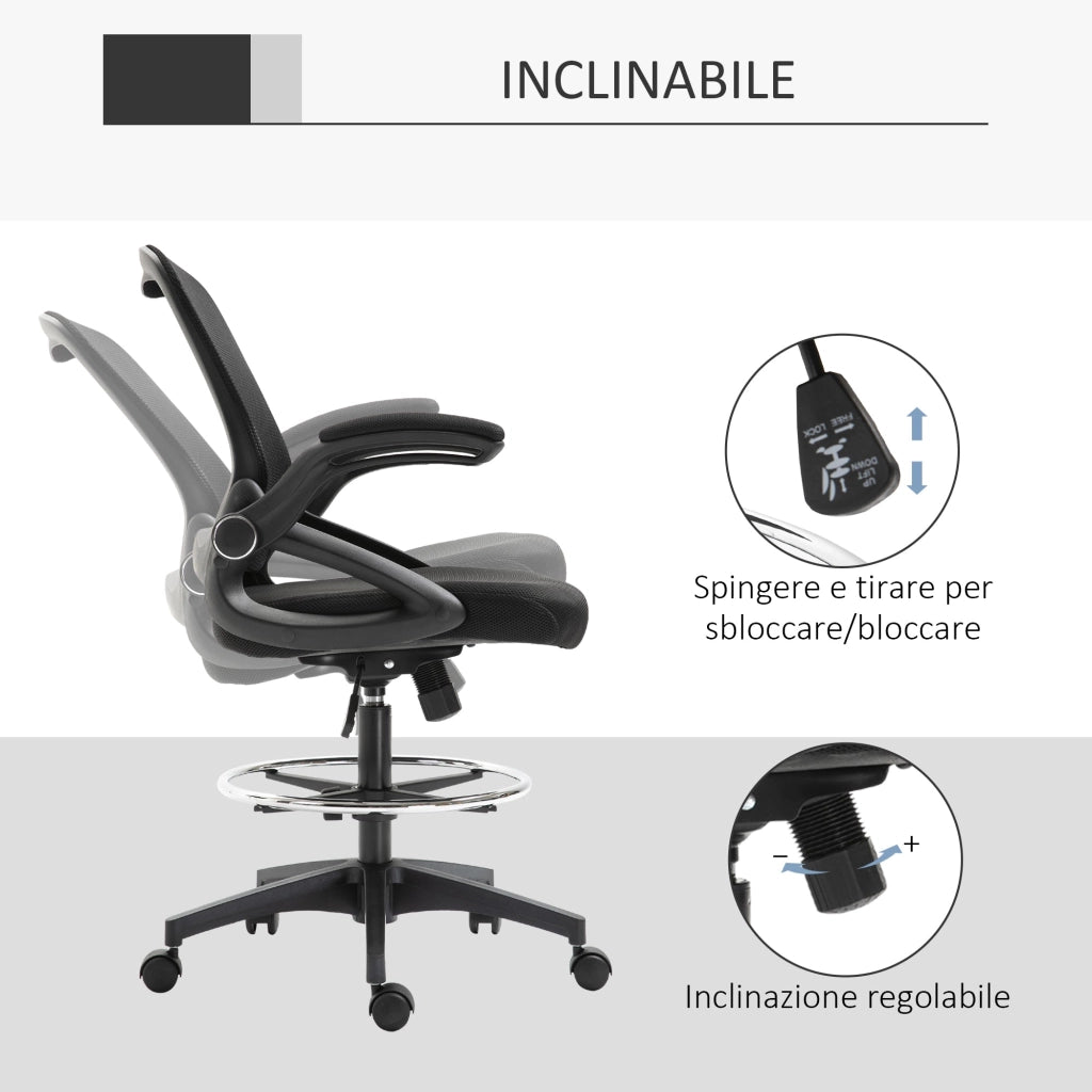 Sedia da Ufficio Traspirante con Braccioli Ribaltabili e Altezza Regolabile 64x60x106-126 cm Nero