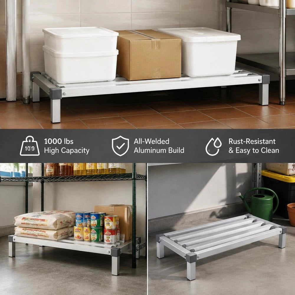 Aluminum Storage Rack, 48 X 14 Inch Commercial Floor Shelf For Food, 8 Inches Above The Floor, 1000 Lbs Load Capacity, Fully Welded Aluminum Storage Rack, For Storage In Restaurants, Kitchens, Garages And Vehicles