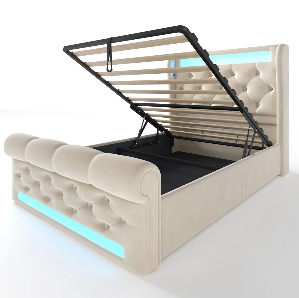 Letto imbottito 90x200 cm con LED; contenitore idraulico; USB e Type-C; beige in velluto