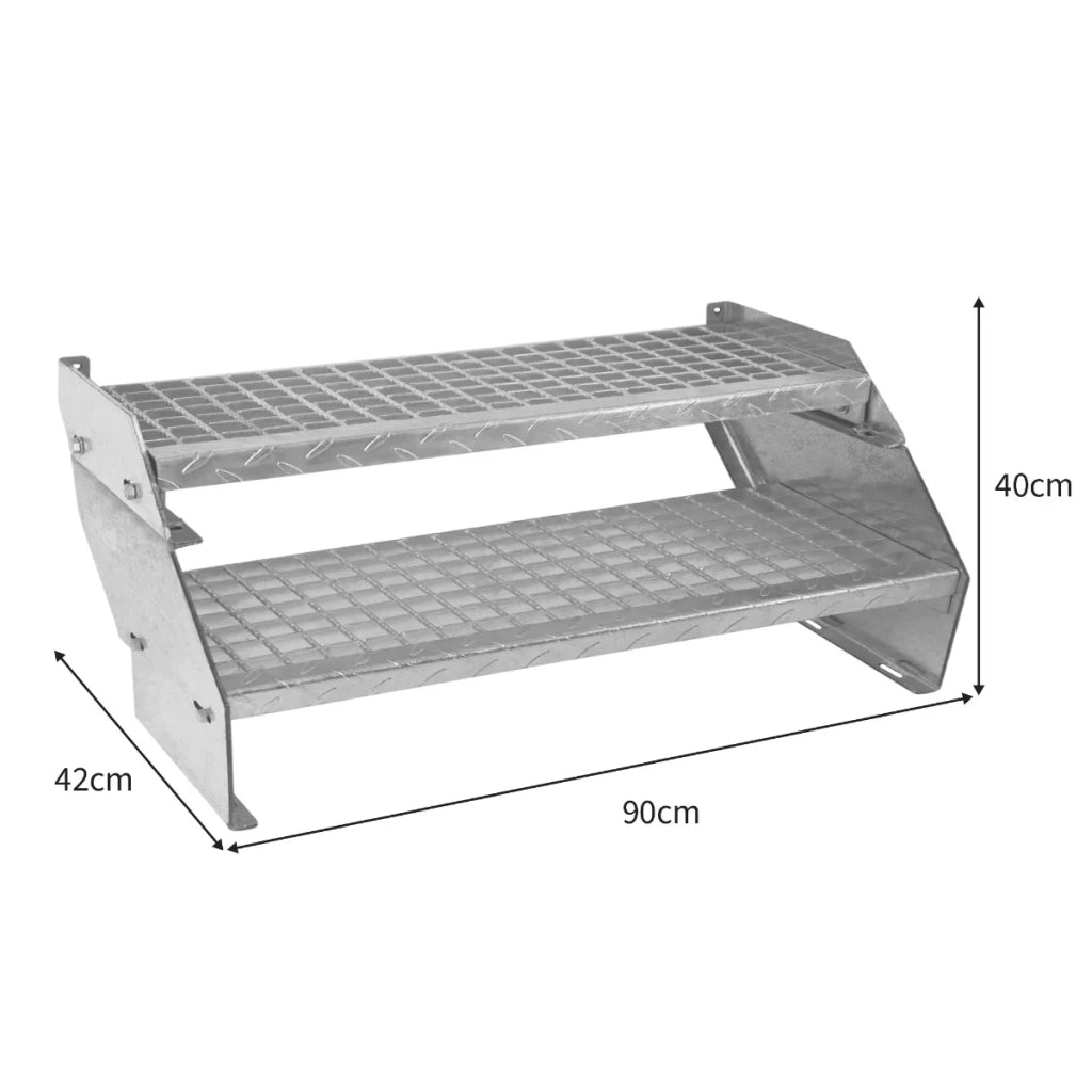 Scala in metallo a 2 livelli regolabile in altezza 60 cm di larghezza Acciaio zincato argento 2 gradini regolabili Griglia resistente alle intemperie Spessore asta 5 mm Kit di fissaggio GRATUITO