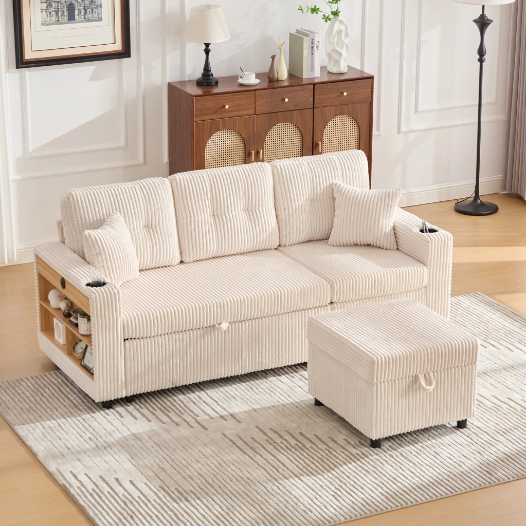 Divano letto estraibile in velluto a coste beige con contenitore; LED e USB-C