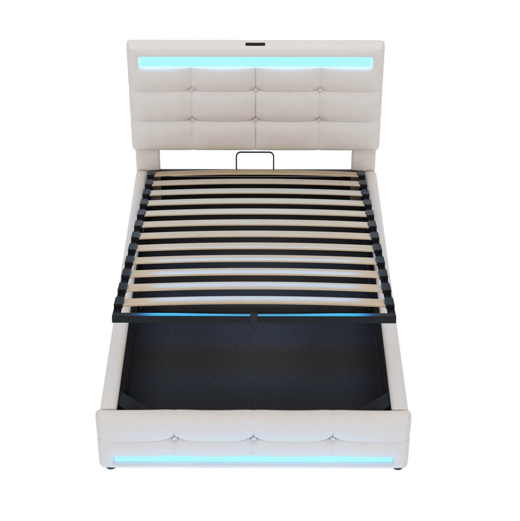 Letto imbottito 90x200 cm beige con LED RGB; USB e testiera regolabile