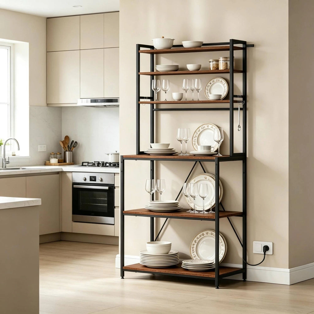 Scaffale cucina con prese, 6 ripiani e ganci, marrone rustico