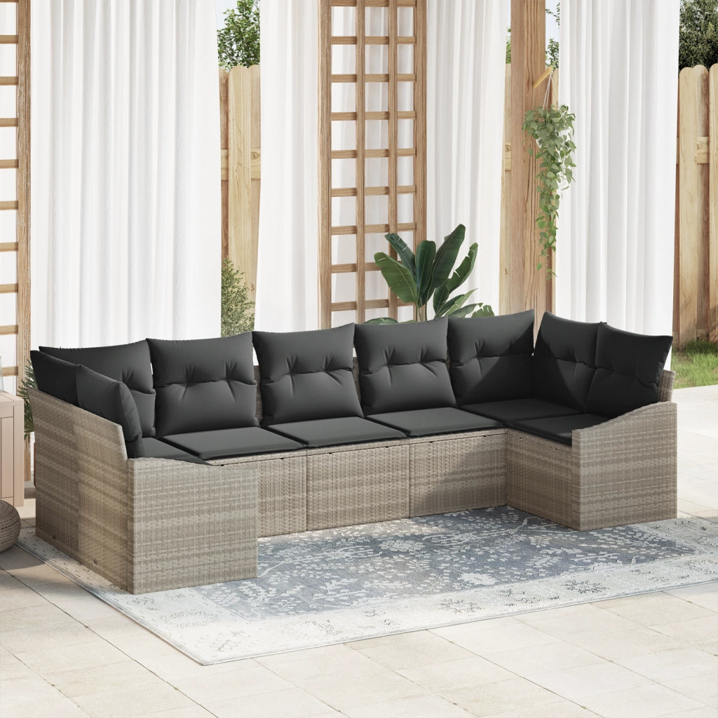 Set da pranzo da giardino 7 pezzi con cuscini grigio chiaro in polirattan