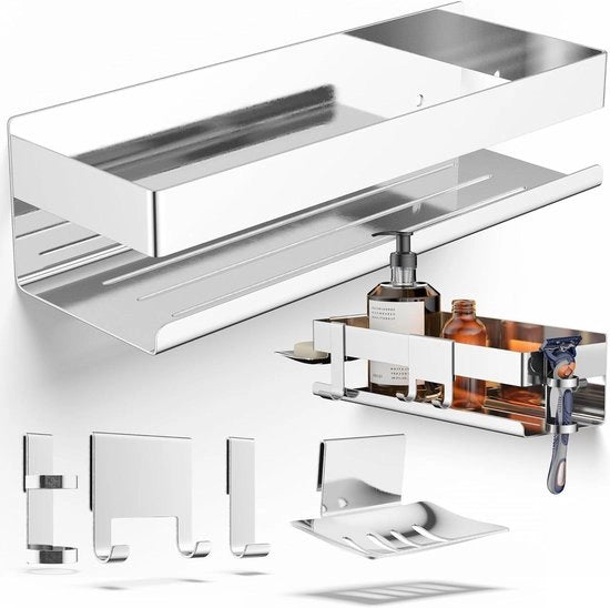 Set di doccia 5 in 1 in acciaio inox lucido senza fori - inclusa sospensione rasatura, sospensione doccia, contenitore sapone e ganci - organizzatore XXL per la stanza da bagno