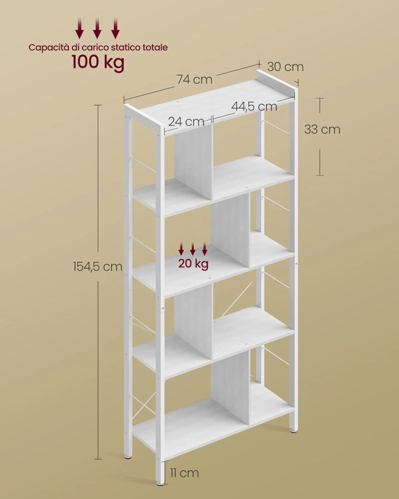 VASAGLE Libreria, Scaffale Portaoggetti a 5 Ripiani, Organizzatore per Studio Ufficio, con Scomparti Aperti per Soggiorno, in Stile Industriale, Bianco Acero e Bianco Nuvola LBC012W44