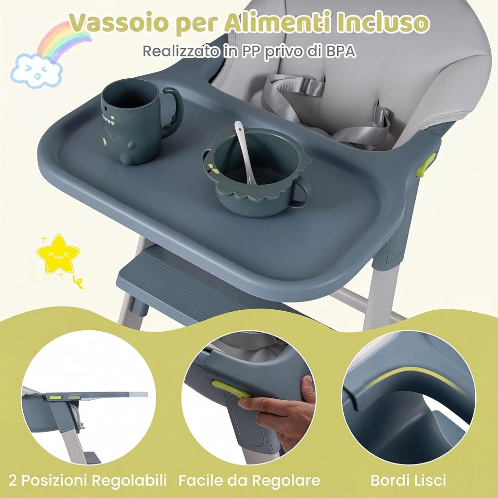 Seggiolone Pappa in PP, con Vassoio e Cuscino Rimovibili | Seggiolone Alto per Bambini, Cintura di Sicurezza, Barriera Anticaduta e Poggiapiedi per Neonati 6-36 Mesi