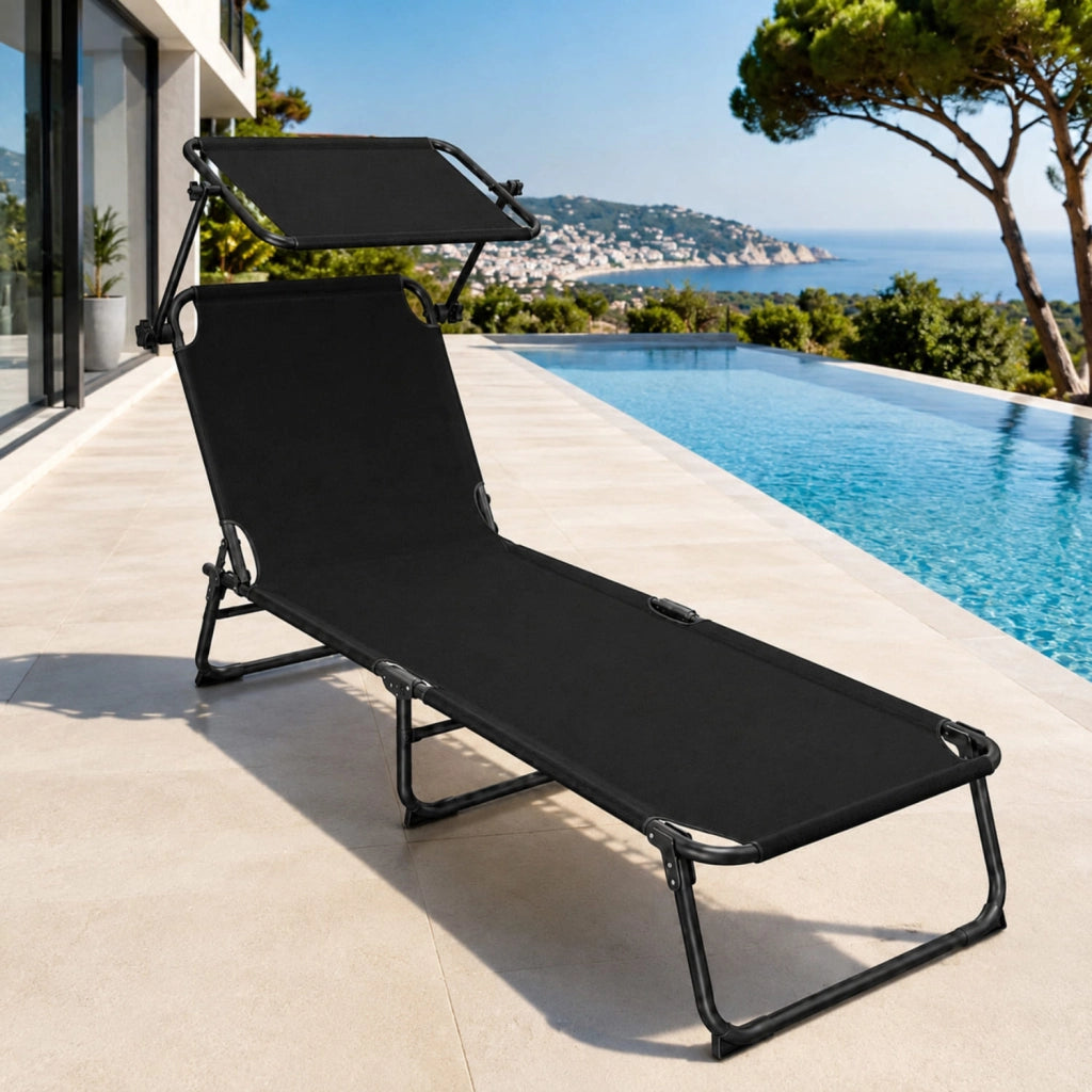 Lettino Pieghevole Sdraio Con Tettuccio Regolabile Schienale Reclinabile Parasole Prendisole Struttura In Metallo Sedia Sdraio Per Mare Spiaggia Giardino Piscina 187 x 53 x 24 Cm Nero