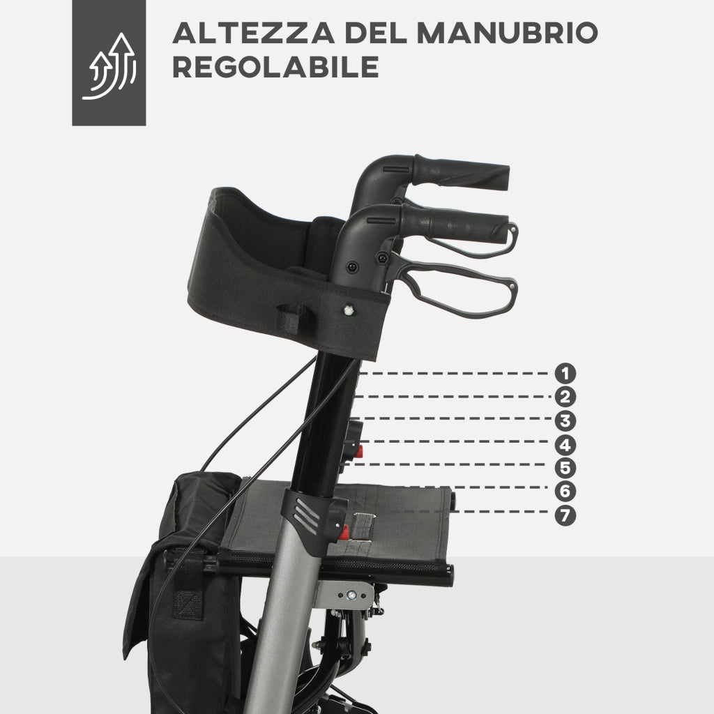 Deambulatore Pieghevole in Allumino ad Altezza Regolabile con Borsa, 64x67x80-92 cm, Nero e Argento