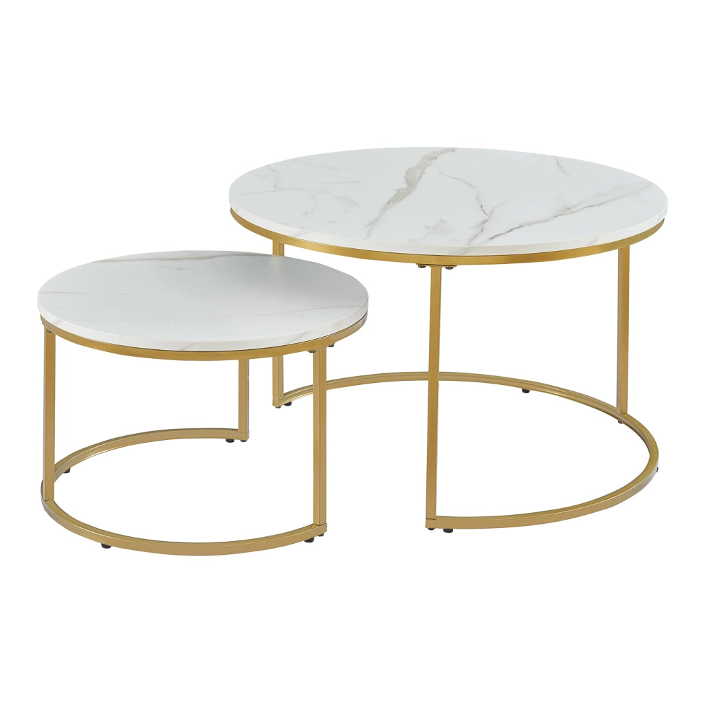 Set Christchurch 2 Tavolini Sovrapponbili con Piani Rotondi - Effetto Marmo Bianco / Oro [en.casa]