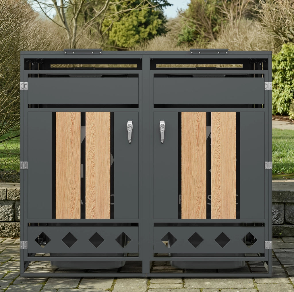 Box per bidoni rifiuti a 2 scomparti con coperchio idraulico; 132x80x118;5 cm; acciaio grigio effetto legno