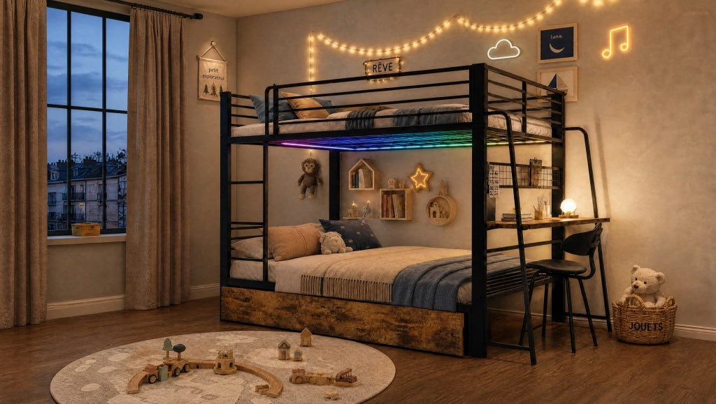 Letto a soppalco ULEVR 140x200 cm con scrivania, LED RGB, presa USB e Type-C, nero