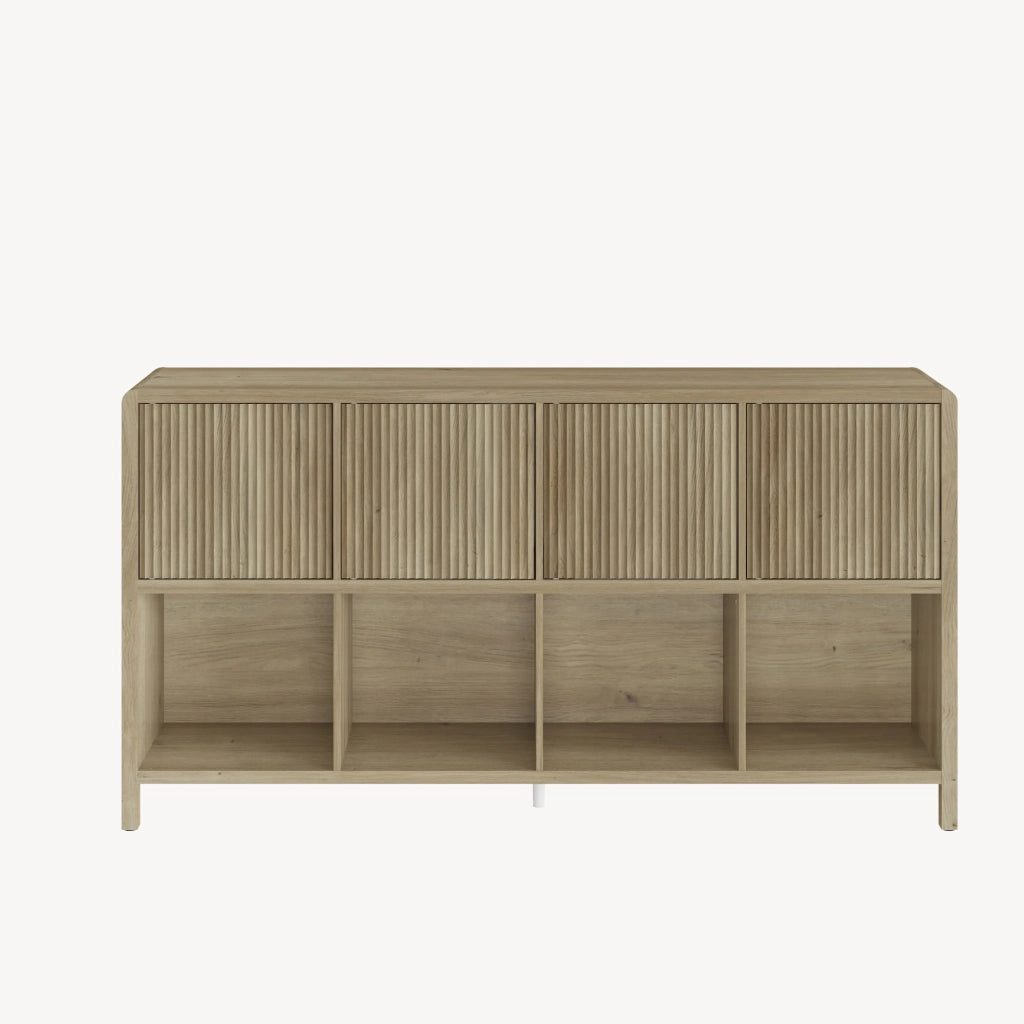 Credenza Bassa Lukkodso con 4 Ante e Scomparti Aperti 77x145x30 cm Effetto Rovere medio-chiaro [en.casa]