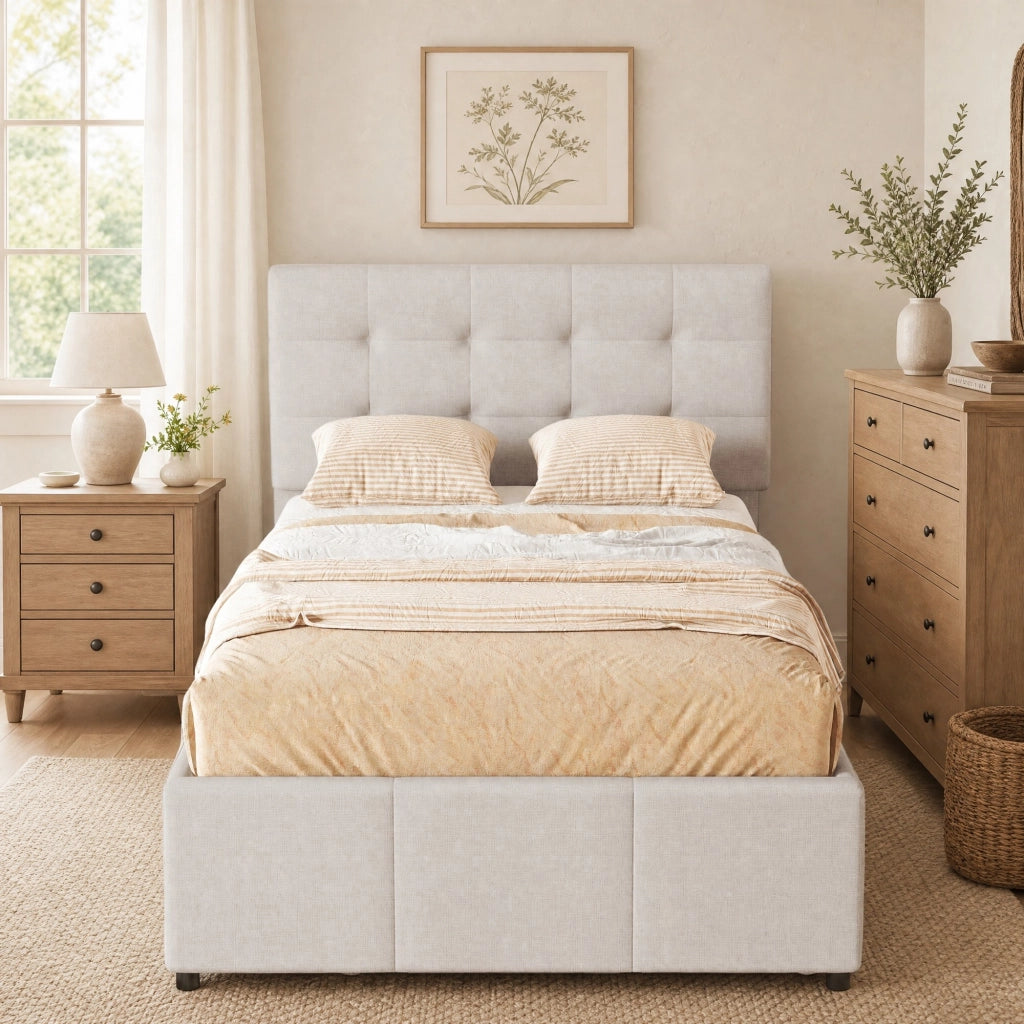 Letto imbottito con letto estraibile e 3 cassetti, beige, 90x200 cm