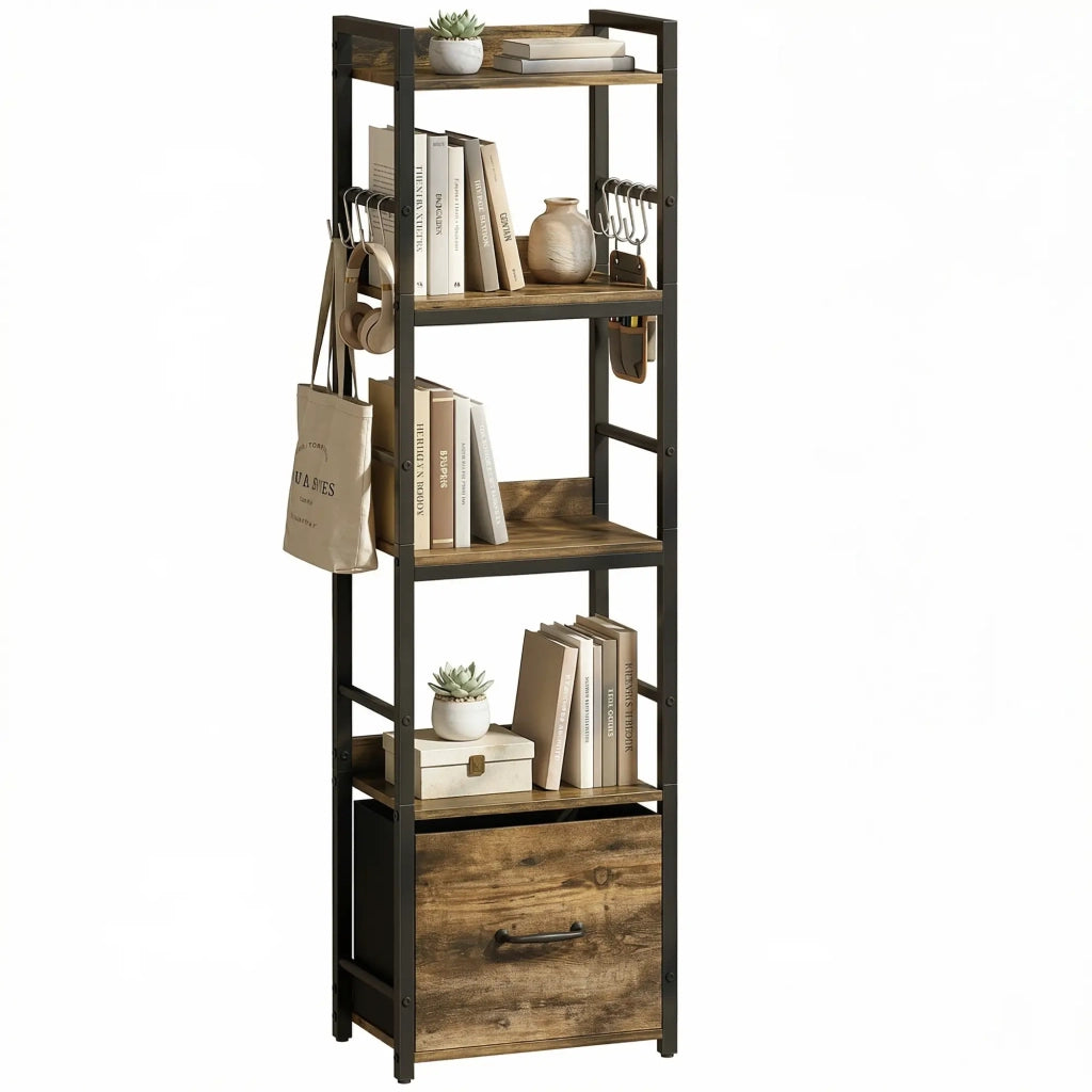 Libreria stretta a 4 ripiani con cassetto e 8 ganci, struttura in metallo e legno