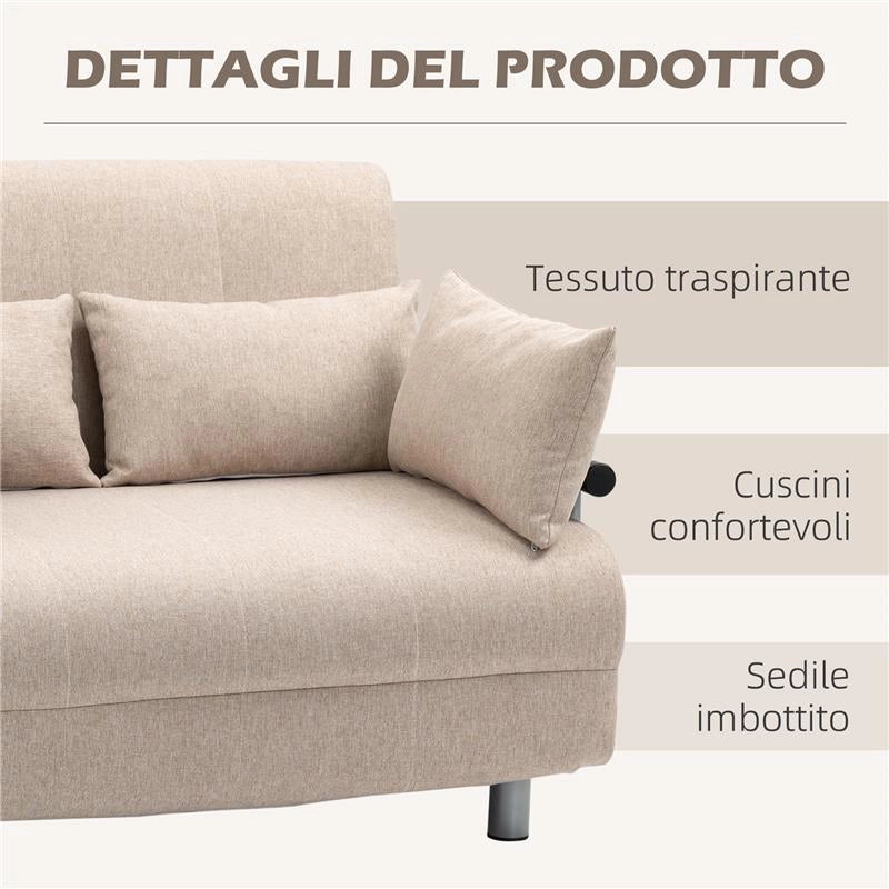DIVANO LETTO 2 POSTI LETTO 1 PIAZZA ½ IN ACCIAIO E TESSUTO CON 4 CUSCINI CREMA