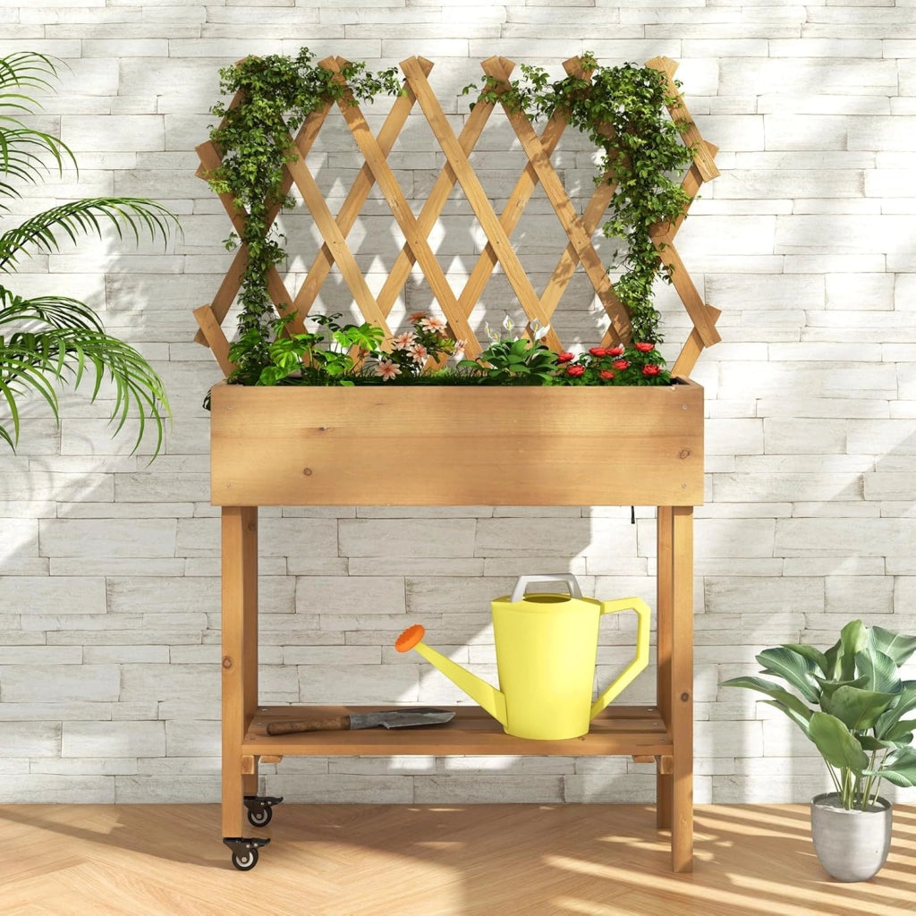 Fioriera Rialzata per Piante Rampicanti, Aiuola Rialzata con Grigliato, Ruote Bloccabili, Ripiano, Gambe e Fodera, Orto Rialzato da Esterno in Legno, 90 x 29 x 129 CM