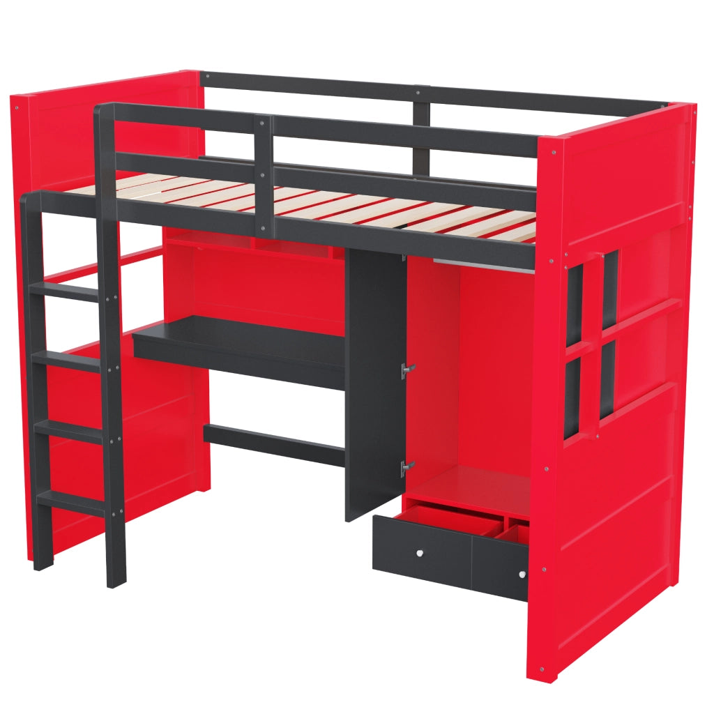 LETTO A CASTELLO 90x200 cm Nero/Rosso con scrivania, armadio e cassetti