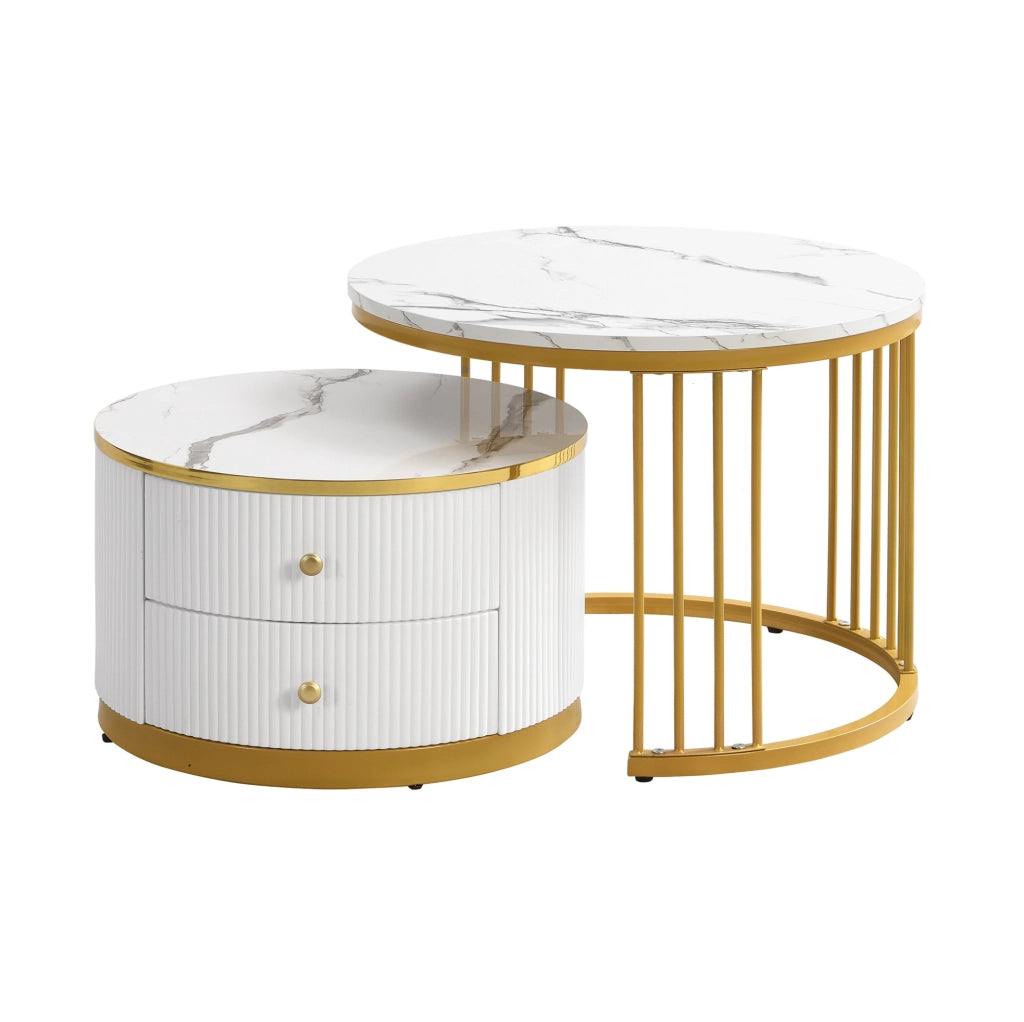 Set di 2 tavolini da caffè rotondi 60x60x45;5 cm e 50x50x32 cm; bianco lucido