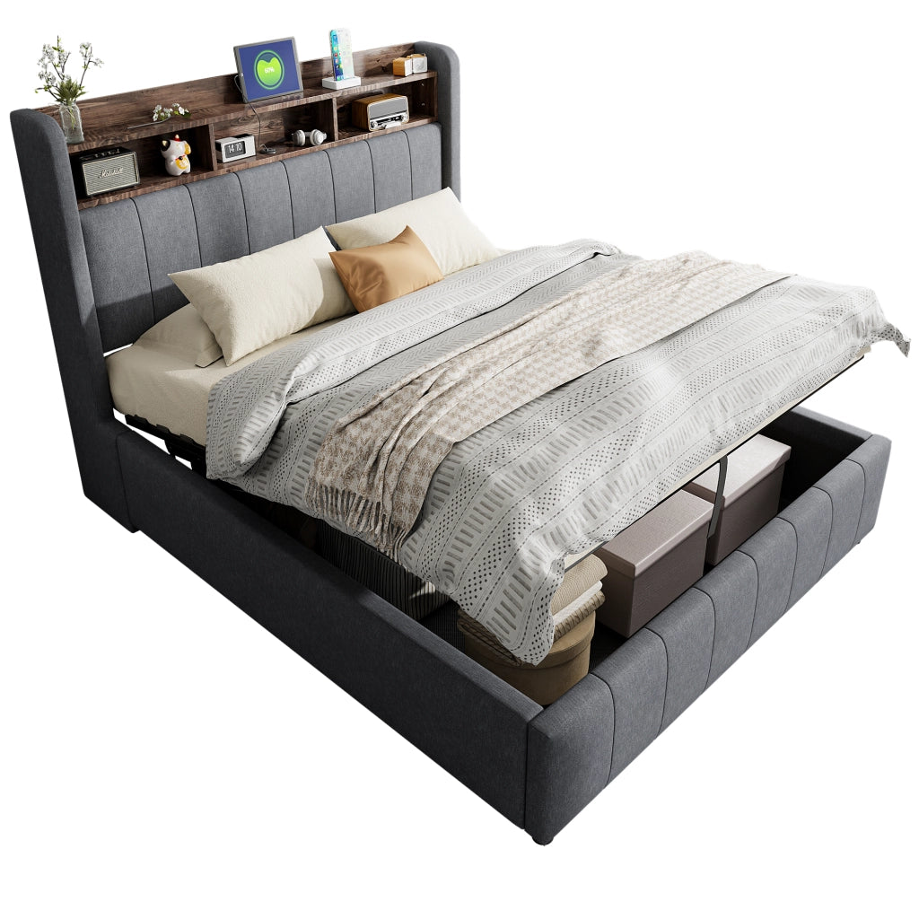 DESMIU Letto contenitore 2 posti con LED regolabile, USB, Type-C e ripiani, 140 × 200 cm, senza materasso
